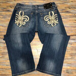 Miss Me Capri Jeans Leather Studded Rhinestone Embellished Blue Womens Size 32
